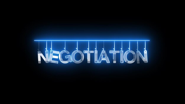 Neon sign with word NEGOTIATION illuminated in blue on a dark background