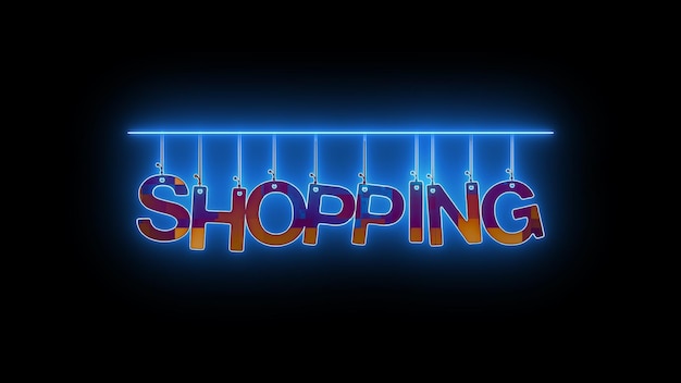 Neon sign with word Shopping in blue and red with a glowing effect on a dark background