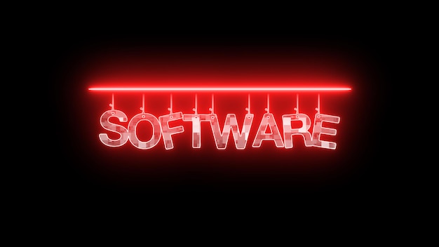 Neon sign with word SOFTWARE glowing in red on a dark background