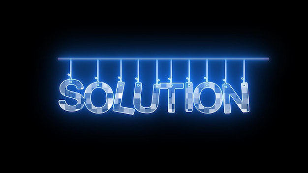 Neon sign with word SOLUTION glowing in blue on a black background