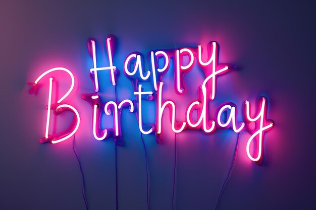 Photo neon sign with the words happy birthday in bright pink and blue lights