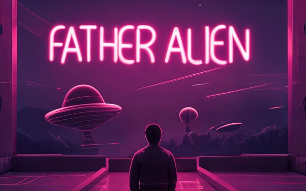 A neon sign with the writing father alien in the space and spaceships ins the background