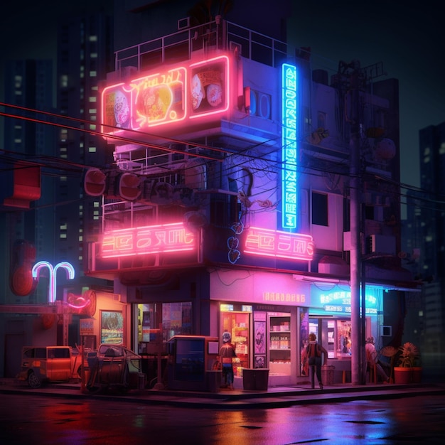 Neon signs on a building in a city at night generative ai