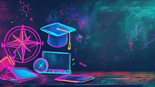 Neon Sketches on Modern Digital Blackboard