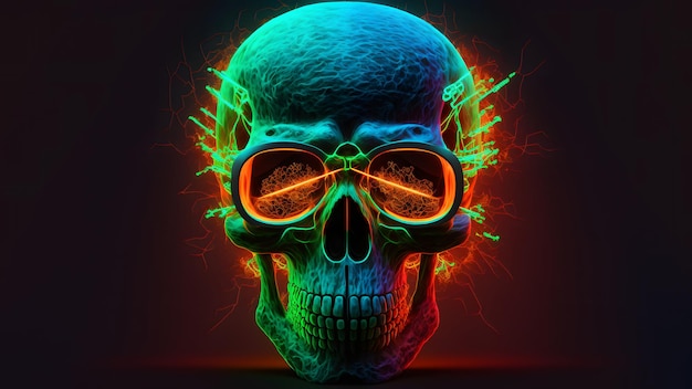 Neon skull on black background neural network generated art