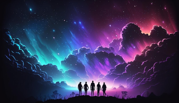 Neon sky background with people fantasy wallpaper image Ai generated art