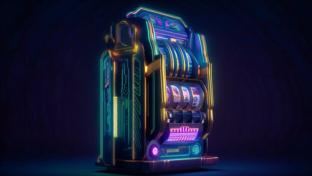 Photo a neon slot machine against dark blue background