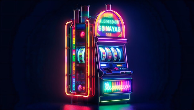 a neon slot machine against dark blue background