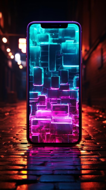 Neon smartphone sign shines on brick wall epitomizing digital connectivity in urban landscapes Ver