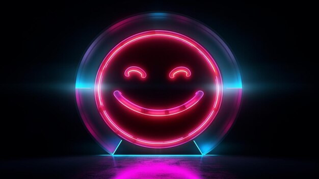 Photo neon smiley face with glowing eyes in a dark room generative ai