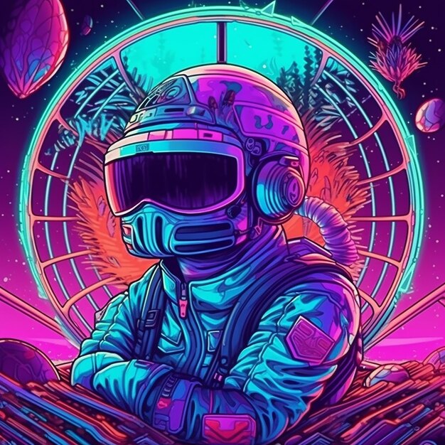 Premium AI Image | A neon space astronaut in front of a planet.