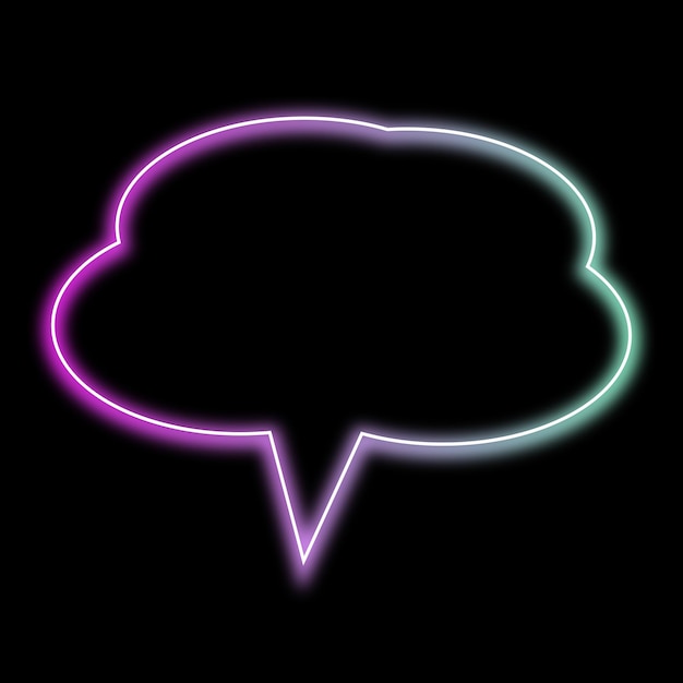 Neon speech bubble with a white outline on a black background.