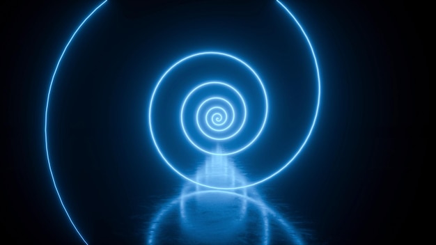 Фото Неоновая спиральная линия, отражающаяся на неоновом фоне пола 3d рендеринг