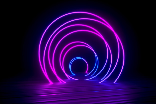 Foto spirale al neon che si trova sulla superficie nera lucida