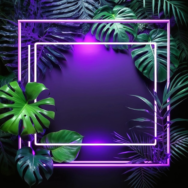 Foto cornice quadrata di neon circondata da foglie tropicali