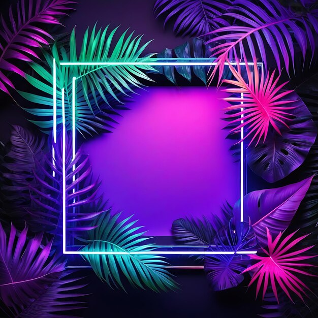 Foto cornice quadrata di neon circondata da foglie tropicali
