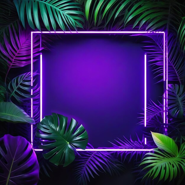 Foto cornice quadrata di neon circondata da foglie tropicali