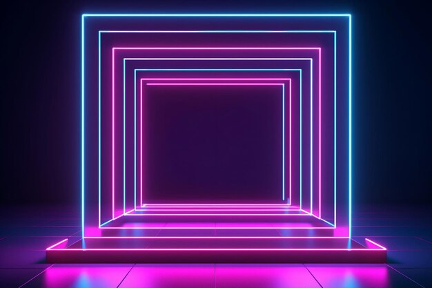 Neon Square Frame with Empty Space for Design on Blue and Pink Background AI Generated