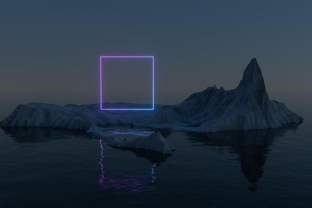 Neon square on the island of snow mountain on the sea 3d rendering