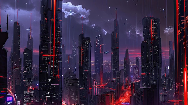 Neon stad Anti-ontwerp matrix futurisme nacht cyberpunk straat technologie kleur wolkenkrabber stedelijk uitzicht augmentatie stijl metropool gegenereerd door AI