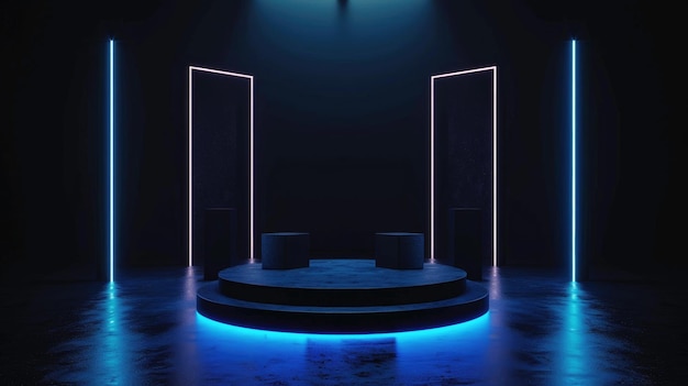 Neon stage background empty futuristic podium with blue led lighting interior of abstract modern dark room to show product Concept of studio display stand future hall