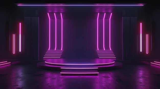 Neon stage background empty futuristic podium with purple led lighting interior of abstract modern dark room for show Concept of studio scene future concert hall