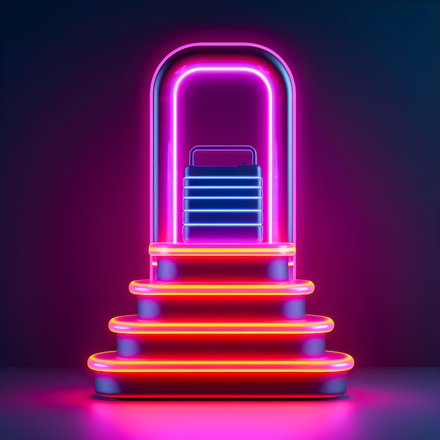 A neon staircase with a pink light on the top.