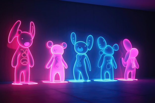 Neon stripfiguren met gloeiende laserstralen