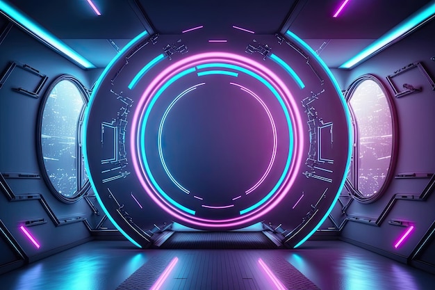 Neon style circle mockup in spaceship blue and pink color Generative AI AIG15