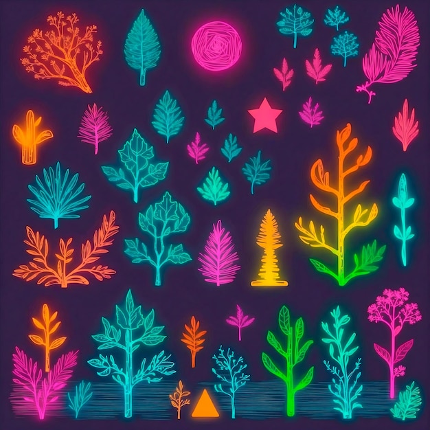 Neon style trees leaves icons