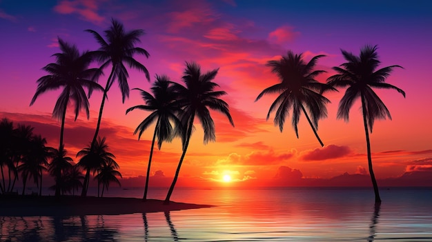 Foto paesaggio serale al tramonto al neon con palme sulla costa vicino al mare