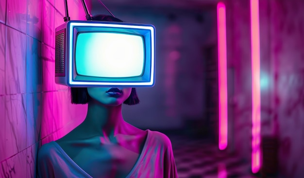 Neon surrealistisch portret van jonge vrouw met televisie hoofd in levendige kleuren