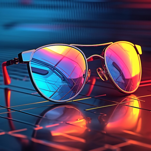 neon synthwave aesthetic Reflection of sunset in sunglasses