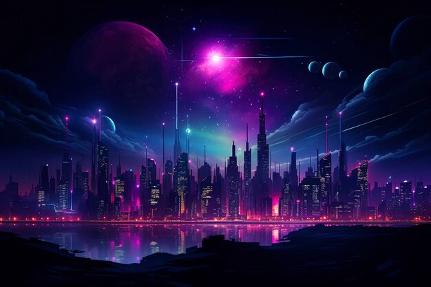 Neon synthwave city art design