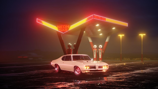 Neon tankstation en retro auto Vintage cyberpunk auto Mist regen en nacht Kleur levendige reflecties op asfalt 3D illustratie