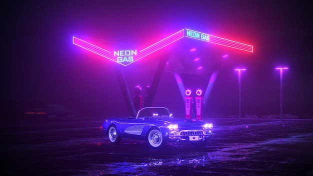 Neon tankstation en retro auto Vintage cyberpunk auto Mist regen en nacht Kleur levendige reflecties op asfalt 3D illustratie