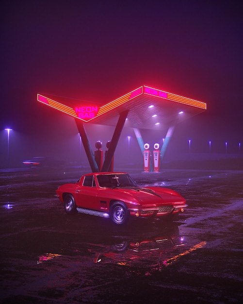 Neon tankstation en retro auto vintage cyberpunk auto mist regen en nacht kleur levendige reflecties op asfalt 3d illustratie