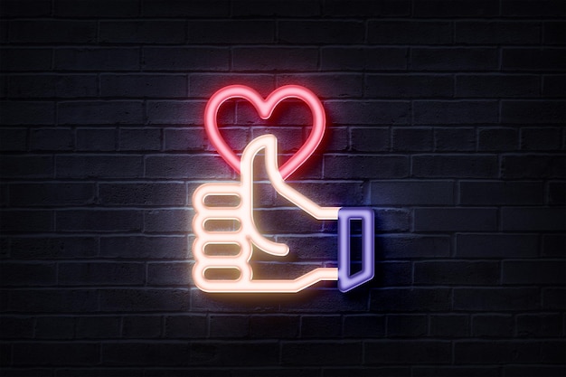 Неоновый палец вверх рука и сердце неоновая вывеска светящийся логотип свечение