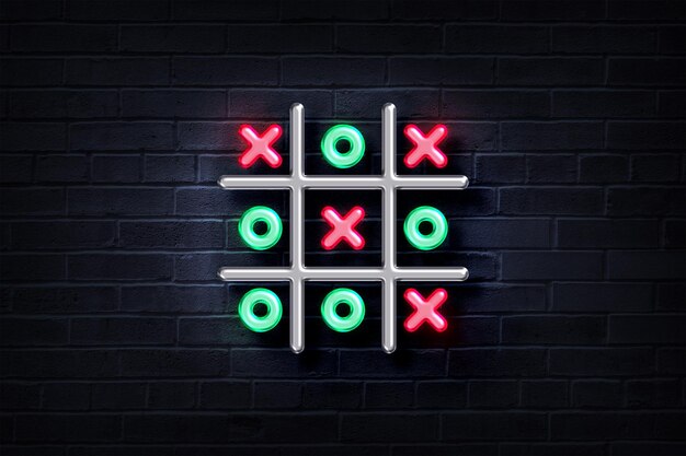 Neon Tic Tac Toe on a brick wall