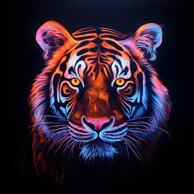 neon tiger against a dark background detailed hyperrealism