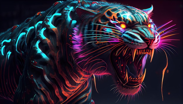 Neon tiger digital art illustration Generative AI