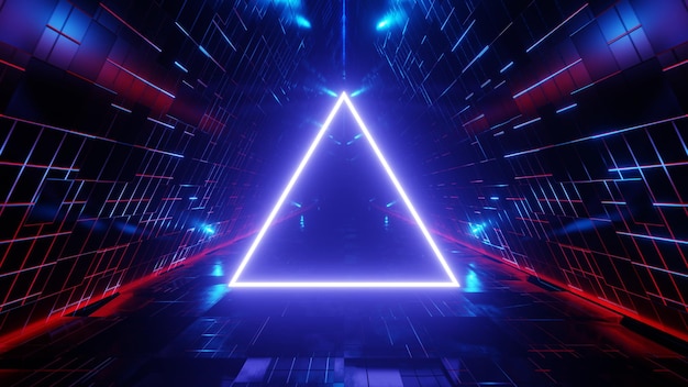 추상적인 scifi 터널 배경 3d 렌더에 네온 삼각형