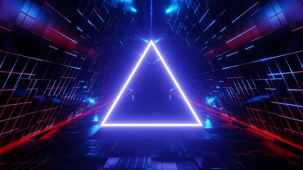 Neon triangle on abstract scifi tunnel background 3d render