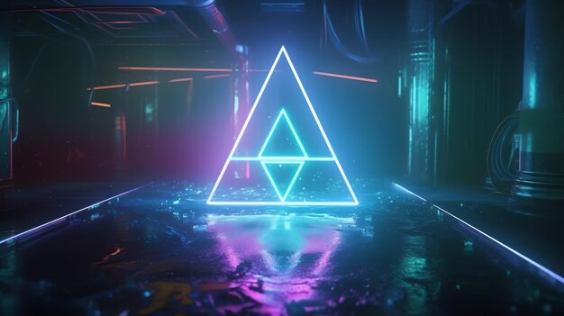 A neon triangle in a dark room with a blue triangle in the middle.
