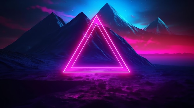 Neon triangle in the mountains with mountains in the background