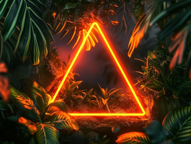 A neon triangle sign in vivid orange encircled by a lush jungle of tropical plants warm lighting reflecting off the leaves Warm color scheme dramatic contrast Created Using oran AI Generative