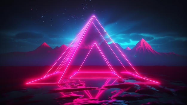 A neon triangle with mountains in the background