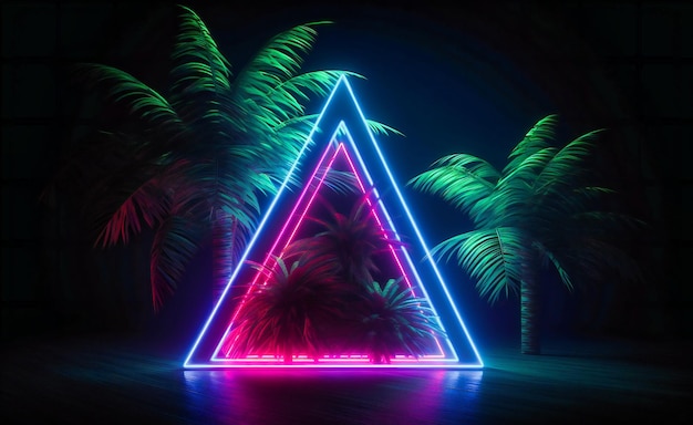 Photo neon triangle with palm trees in front