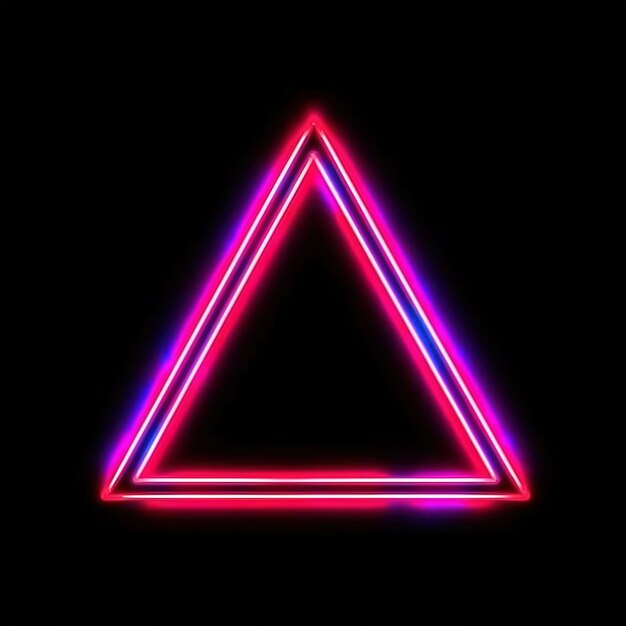 Neon triangle with pink and blue lights on a black background.