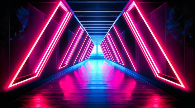 Neon triangular light glowing in a dark hallway